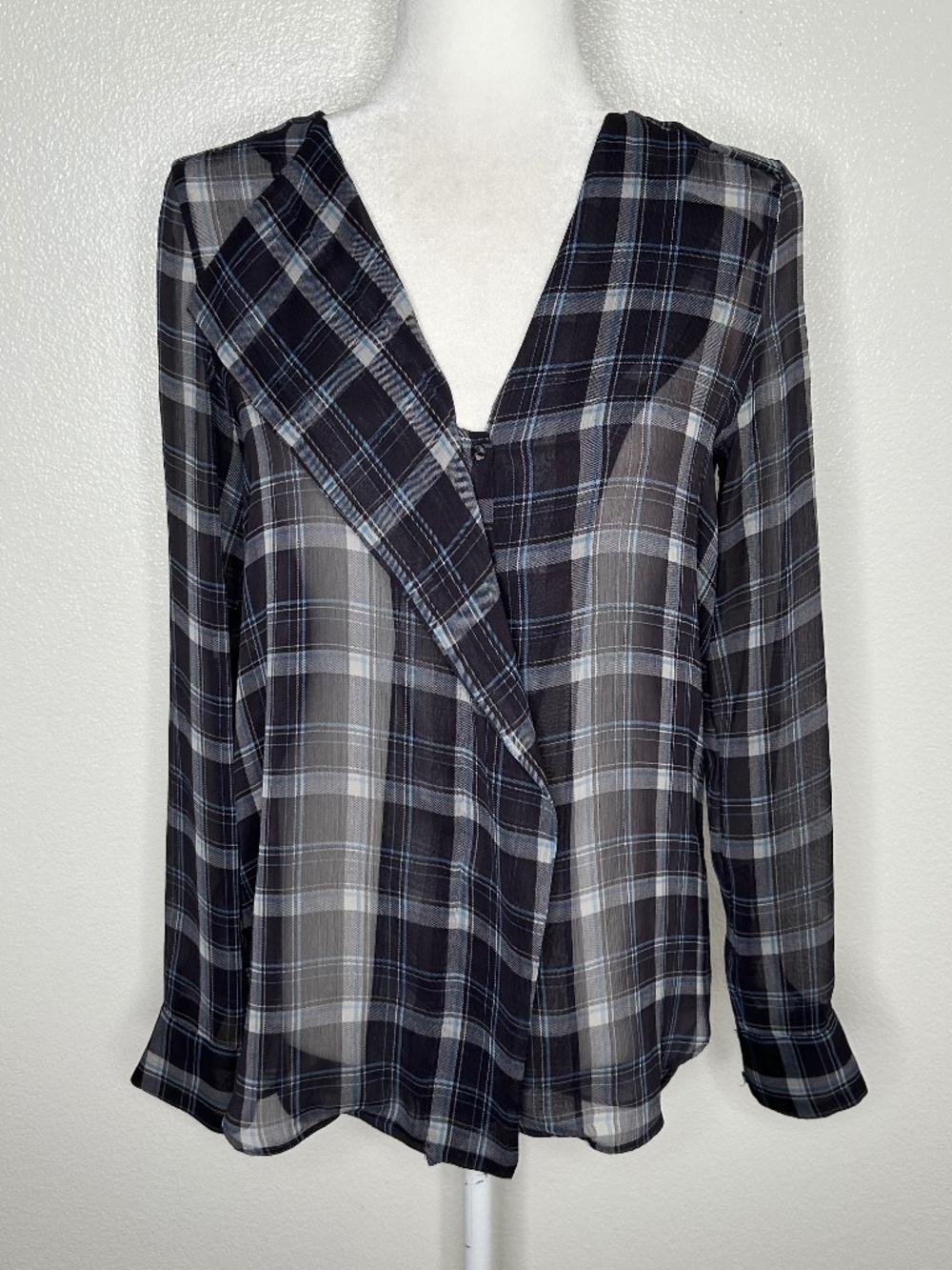 ZARA Womens Black & Blue Plaid Long Sleeve Chiffon Button-Up Top Size XS